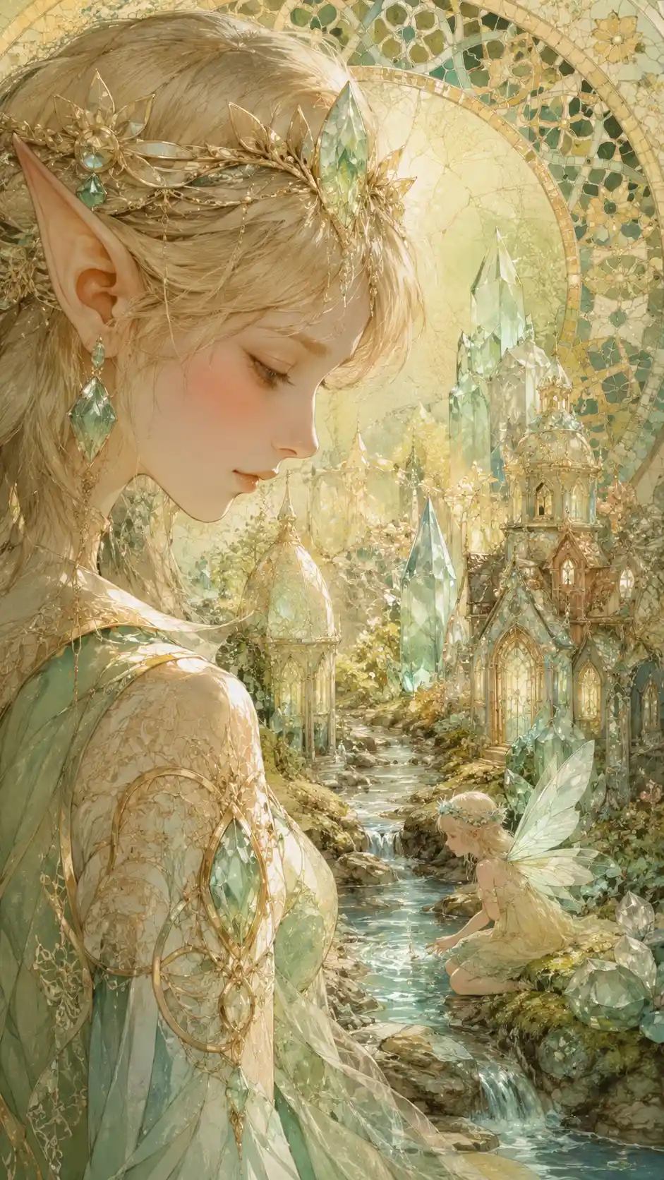 Close view of crystal fantasy houses by a flowing stream