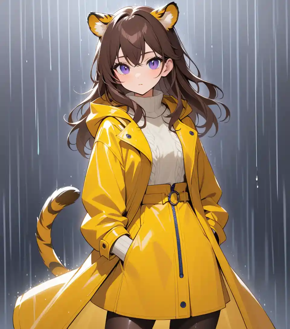 Elegant woman in yellow raincoat with playful tiger details