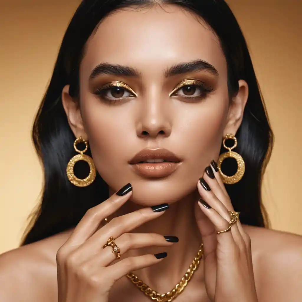 Glamorous woman beauty portrait with gold makeup and jewelry