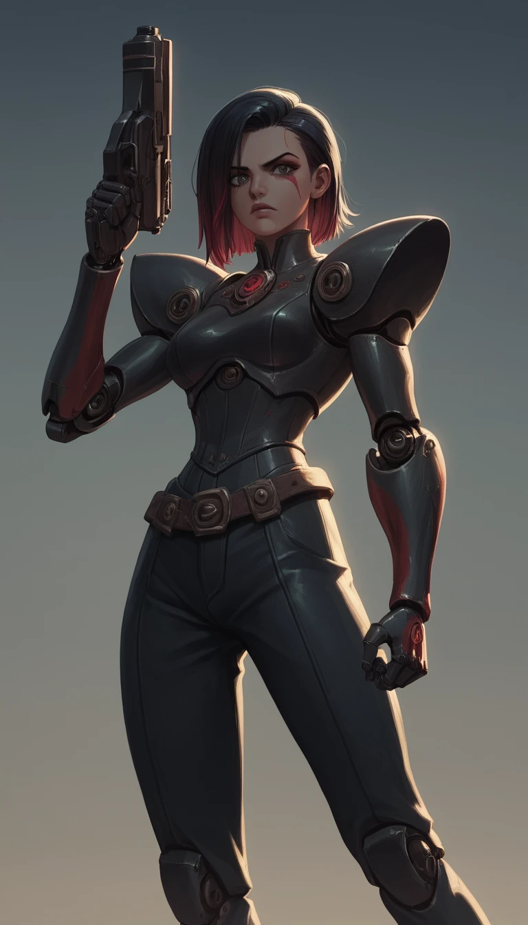 Cyborg cowgirl aiming a robotic revolver in saloon