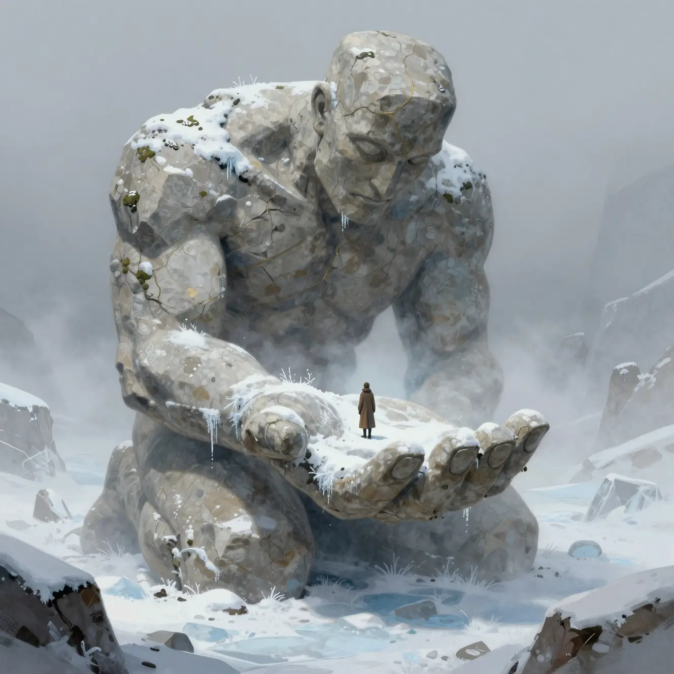 Tiny traveler on the hand of an ancient stone colossus
