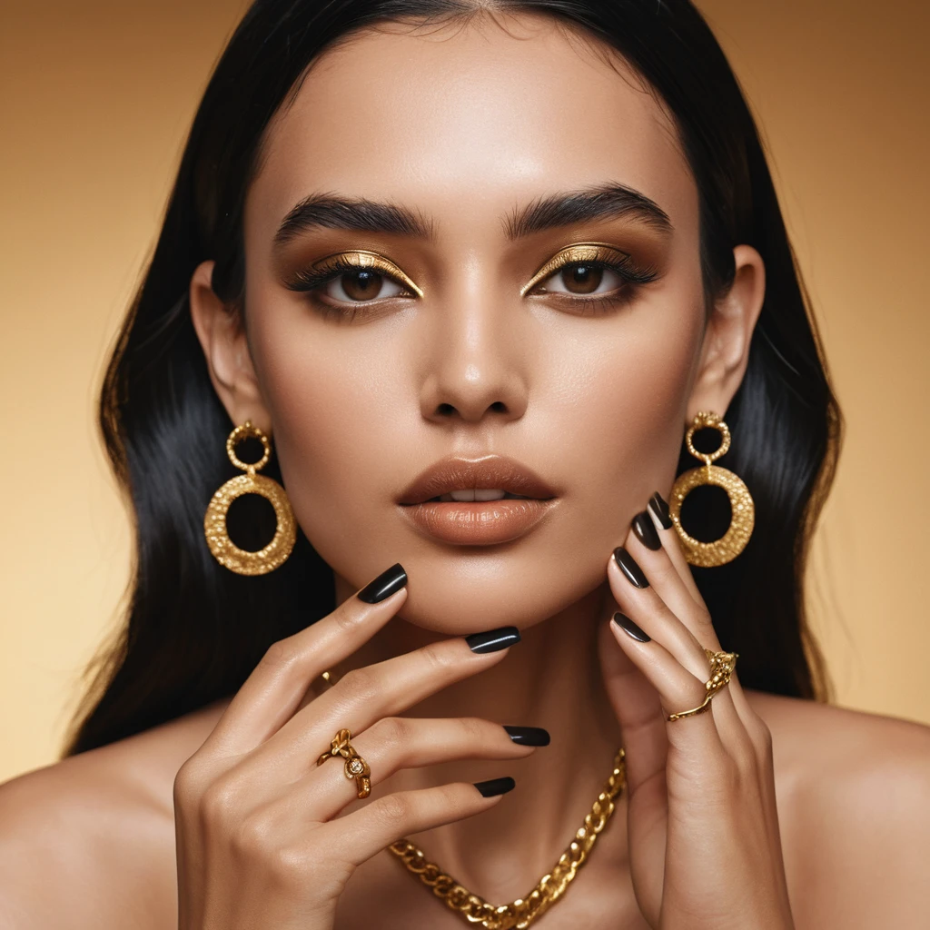 Glamorous woman beauty portrait with gold makeup and jewelry