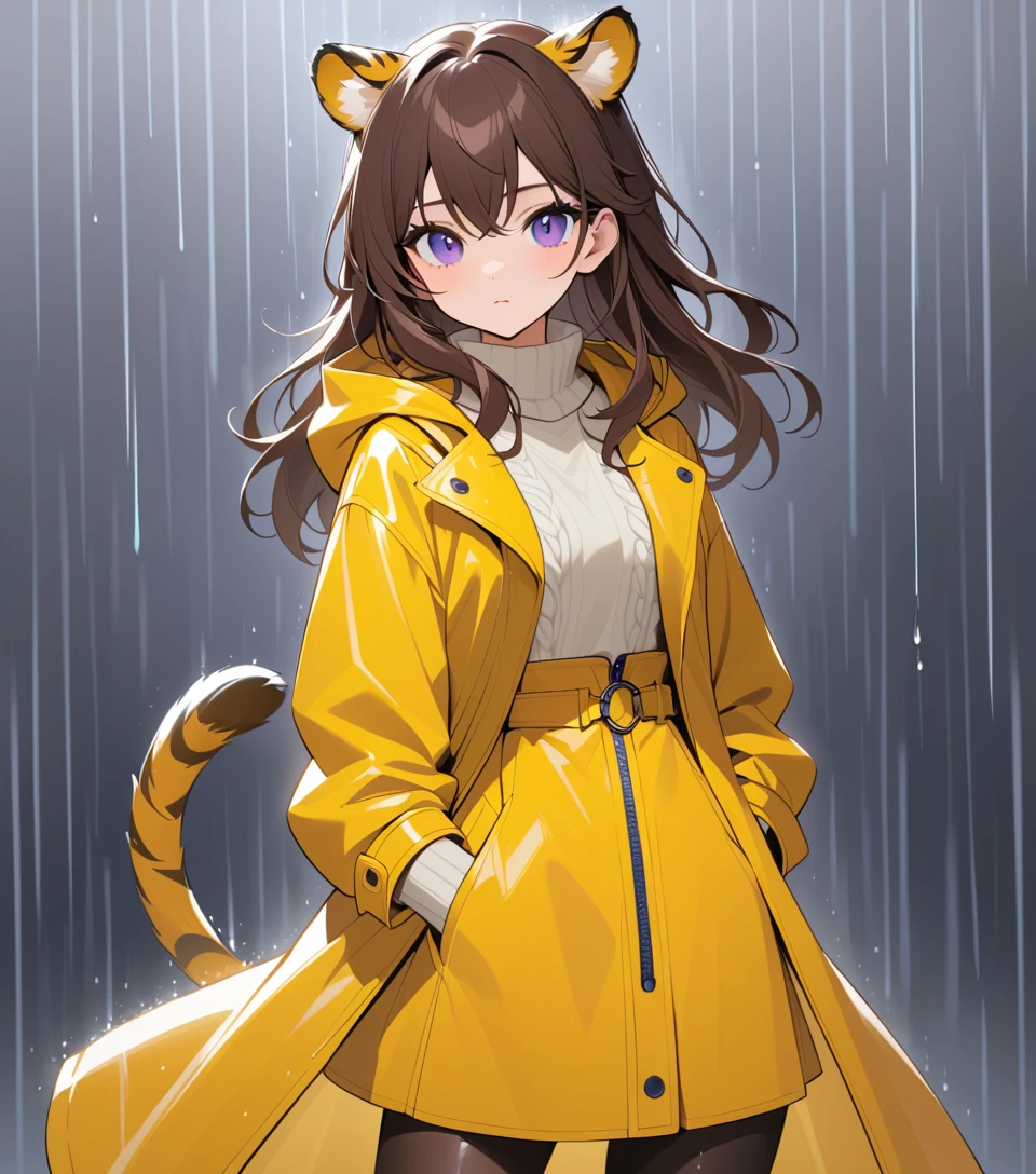 Elegant woman in yellow raincoat with playful tiger details
