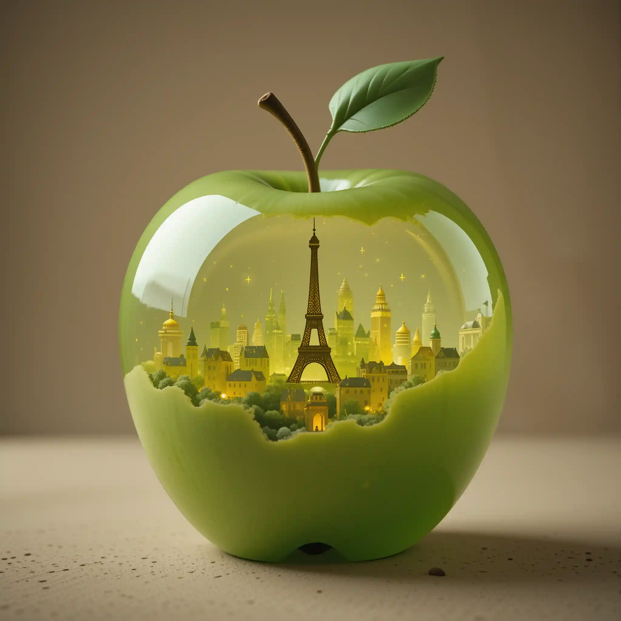 Glowing jelly apple shell with faint Paris night skyline