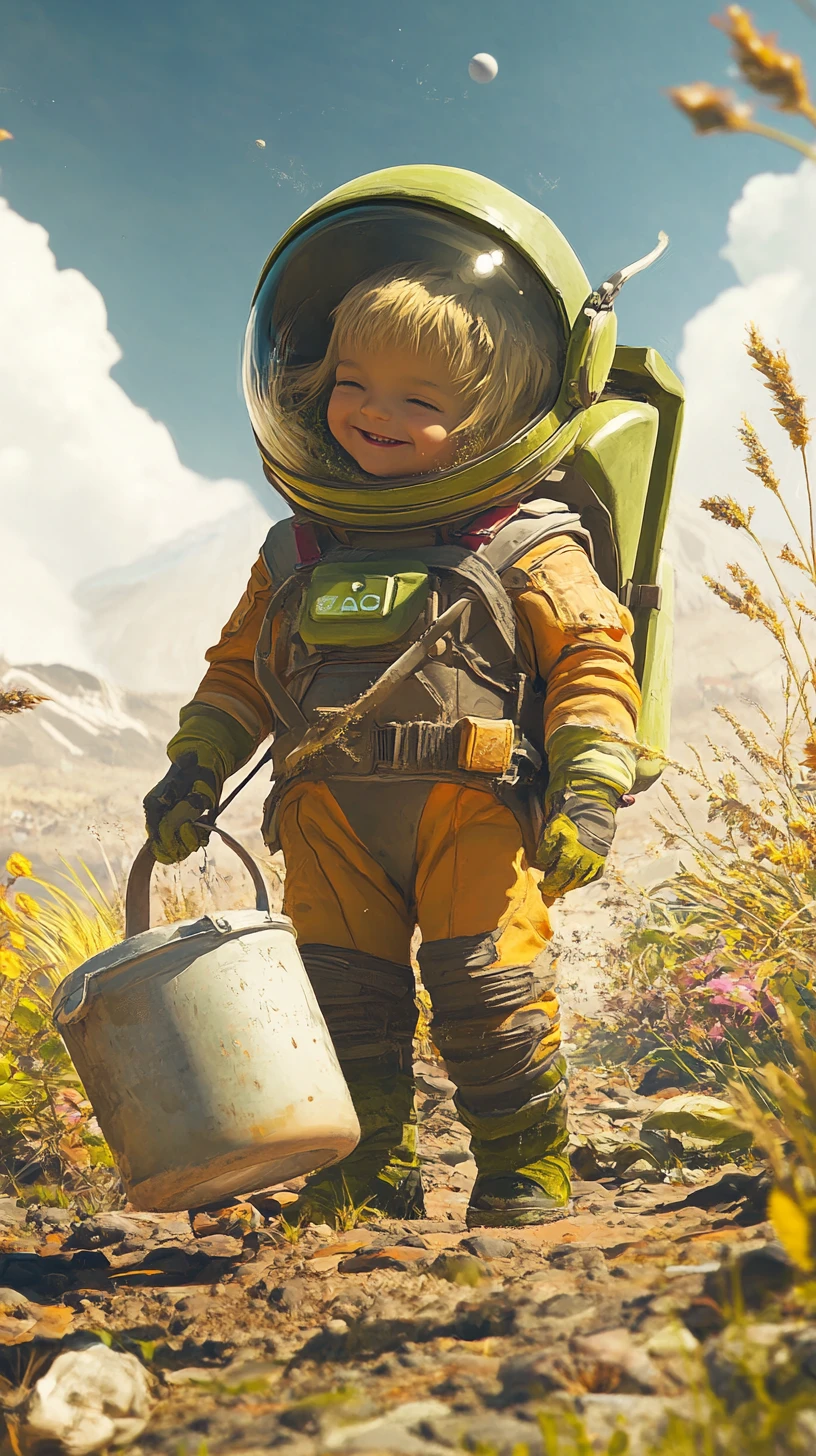 Smiling Young Girl Watching A Martian Water Earth Crops