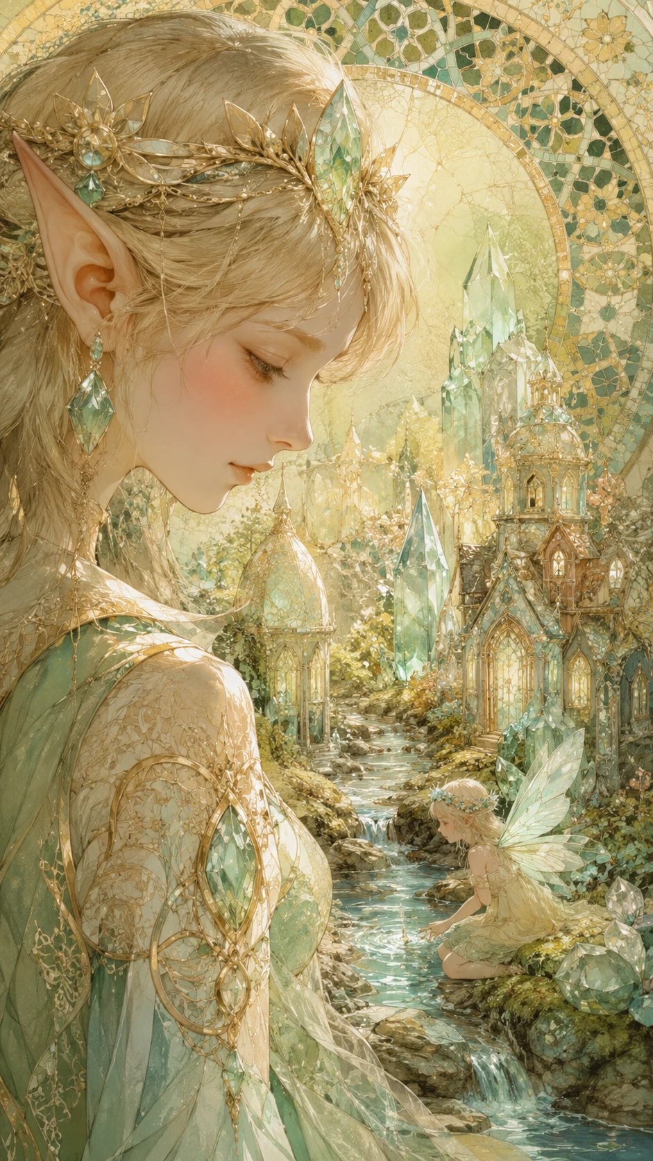 Close view of crystal fantasy houses by a flowing stream