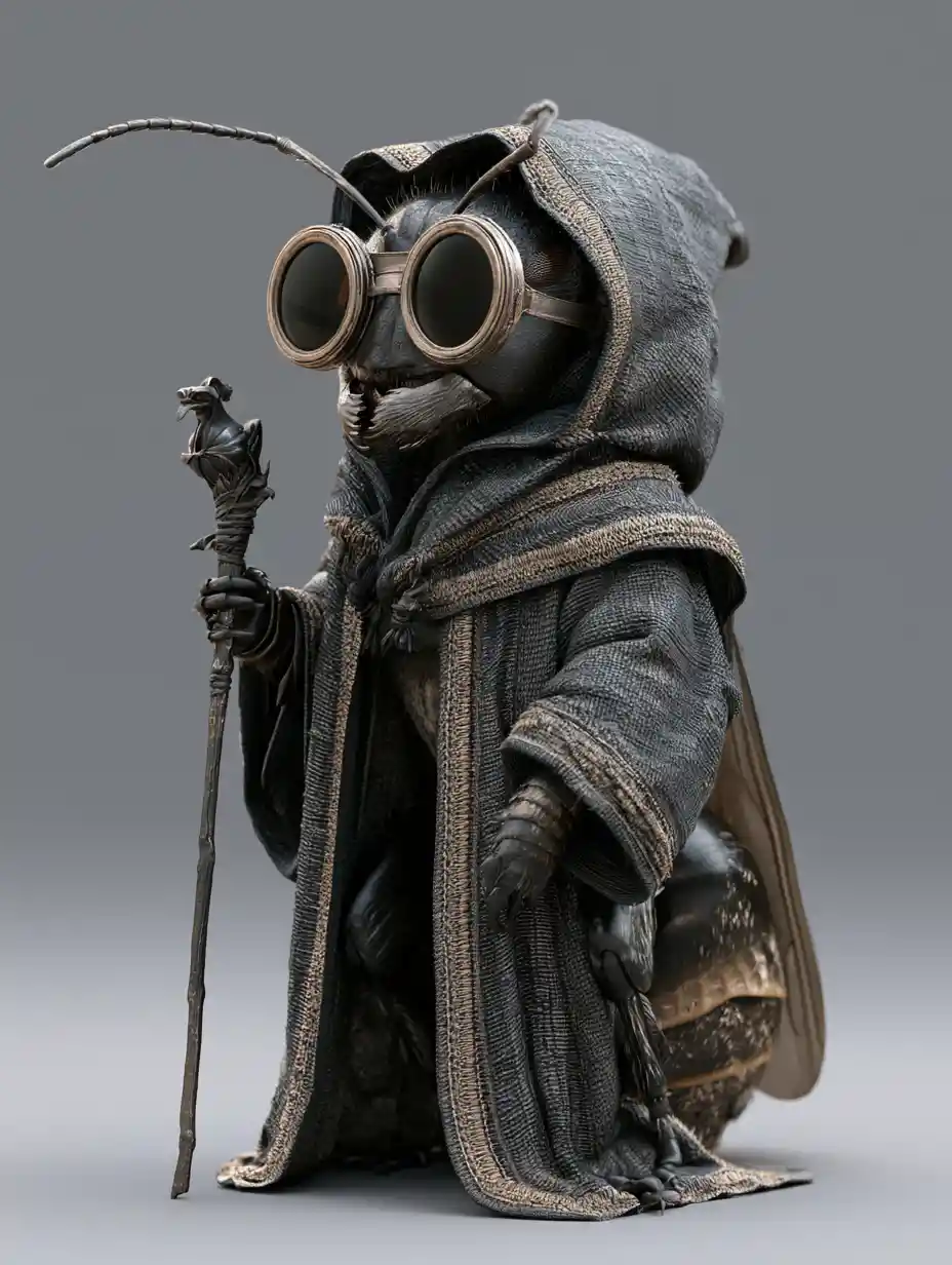 Anthropomorphic ant wizard in cloak with magic staff