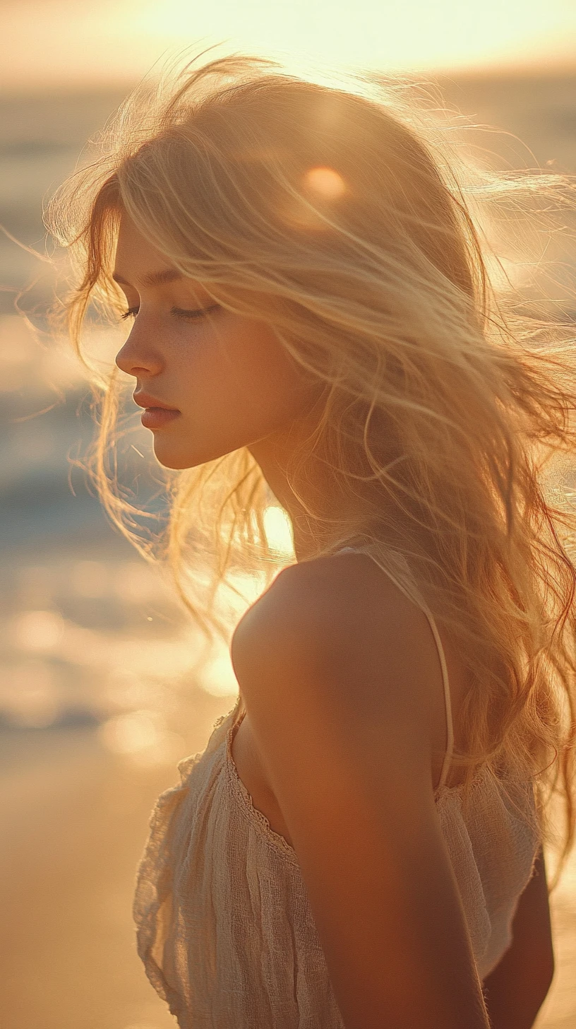Young blonde girl walking along a sunny beach