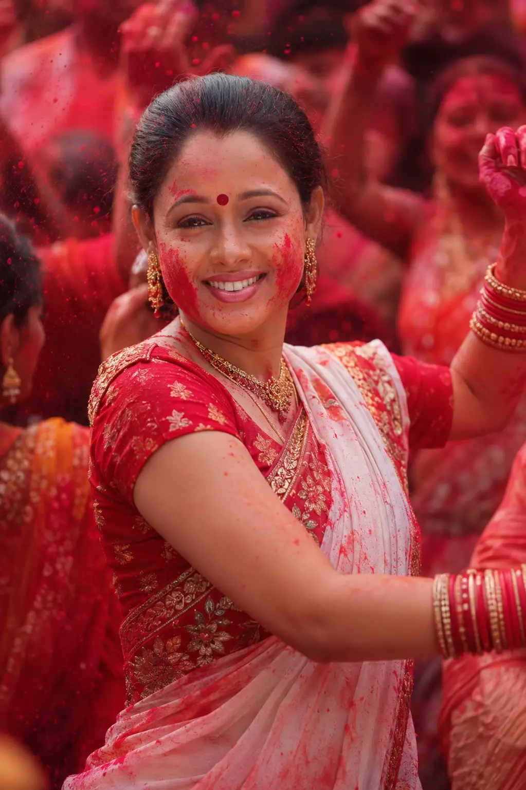 Joyful Indian woman dancing in red holi festival crowd