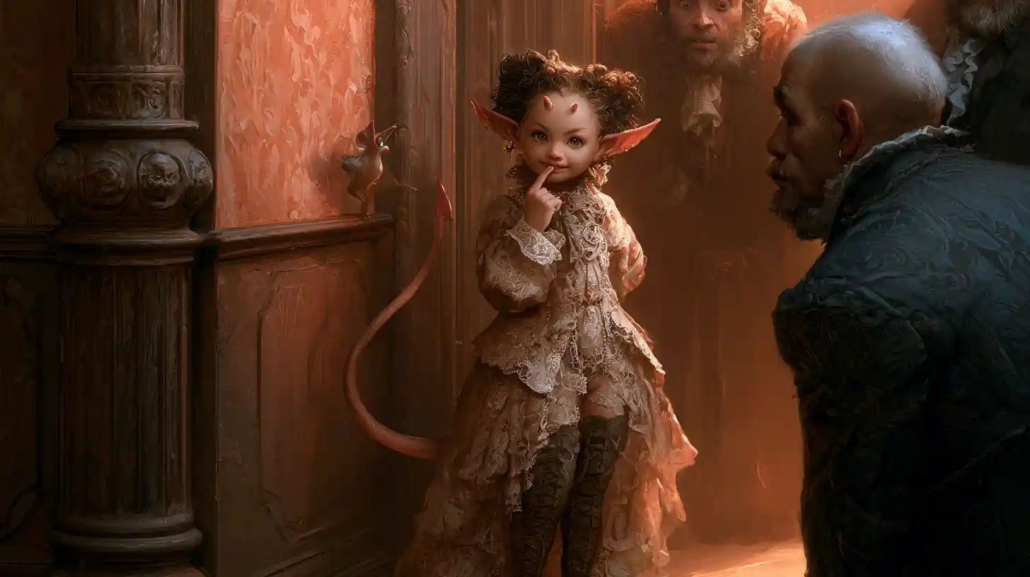 Tiny devil woman in lace and boots in a corner