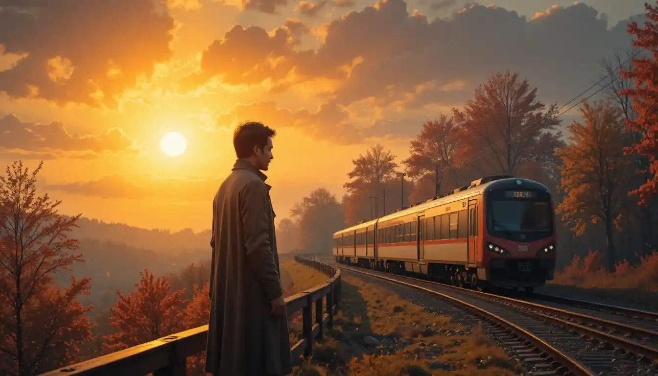 Man by railway tracks under a golden autumn sunset