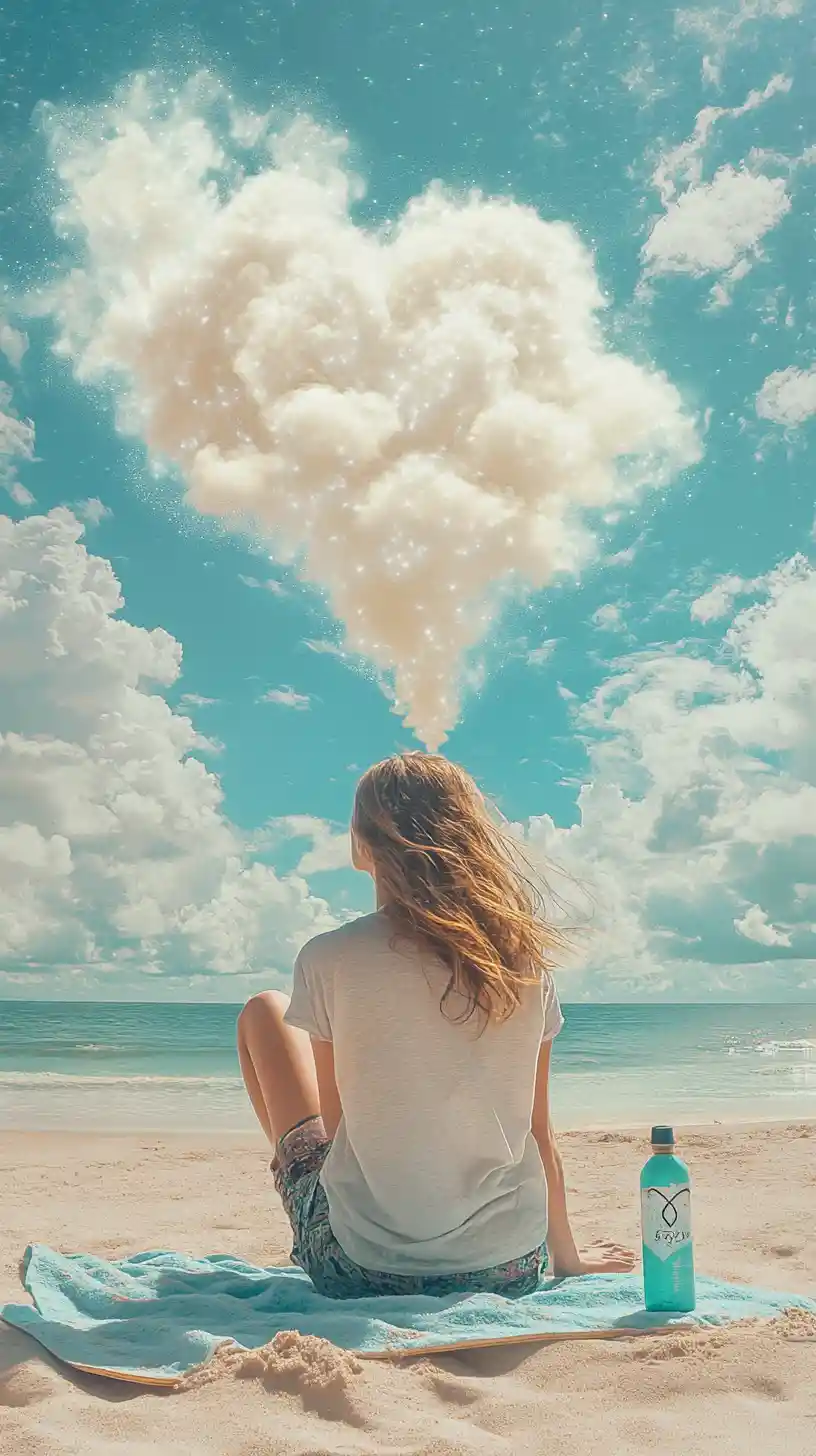 Punk surfer girl on beach spraying a heart shaped cloud