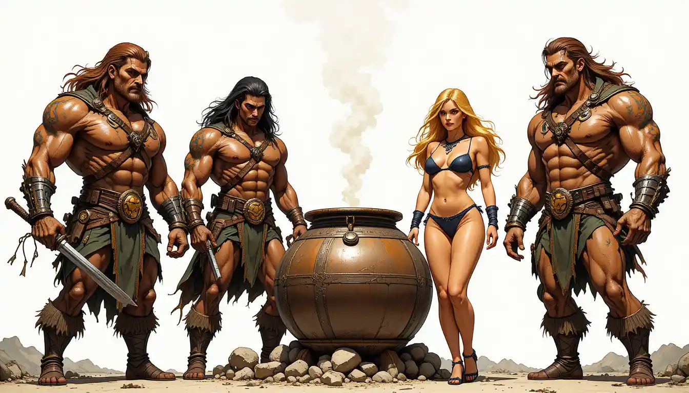 Fantasy warriors around a smoking cauldron and reclining woman