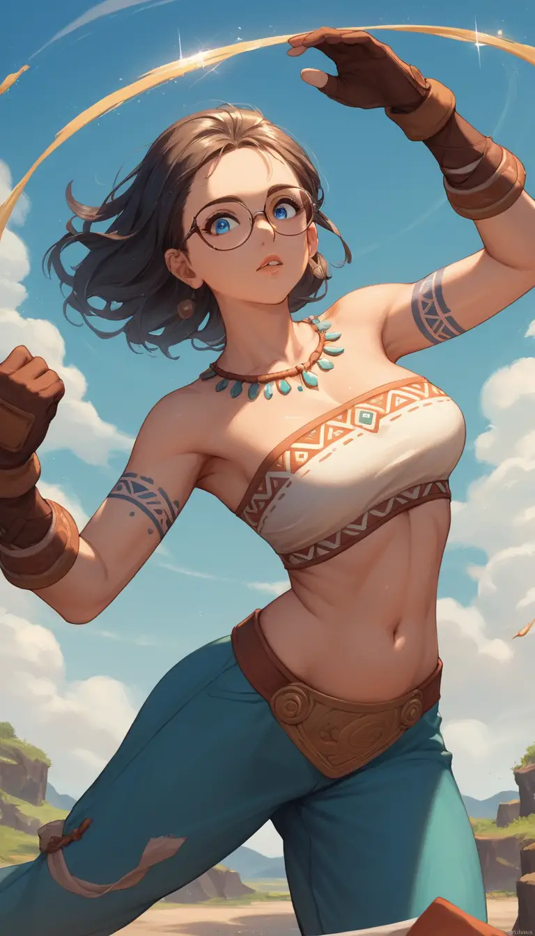 Curvy anime fighter on a serene fantasy ring stage