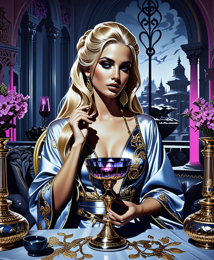 Mystical blonde enchantress at a gilded morning ritual table