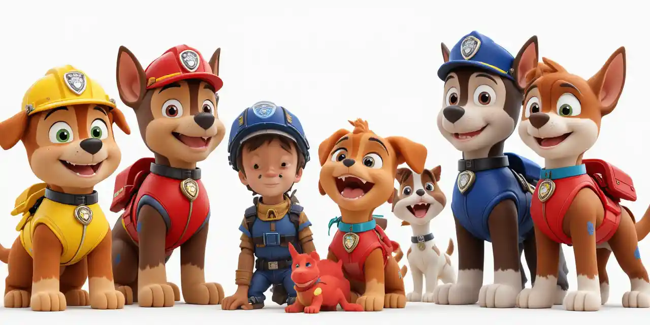 Rettungskinder und Cartoon-Hunde umringen einen winzigen roten Dinosaurier