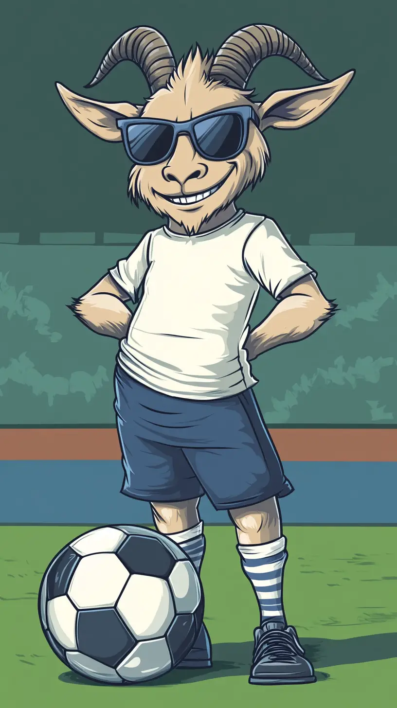 Cartoon goat soccer player posing with ball in stadium