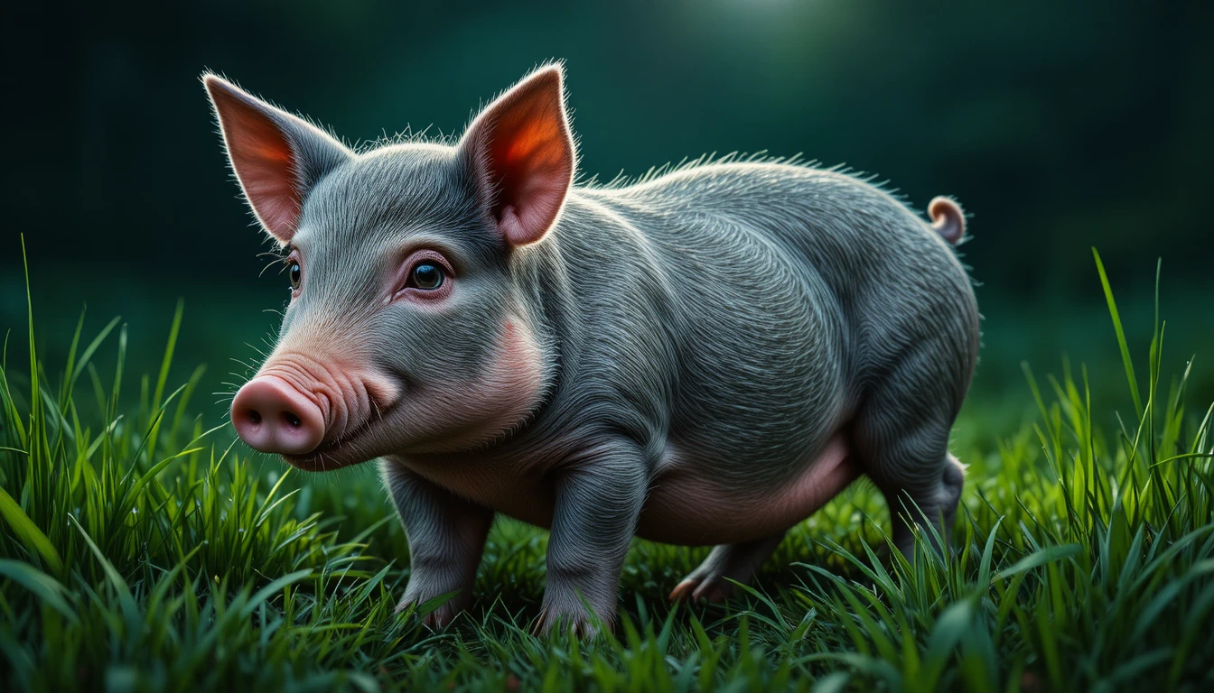 Close up portrait of a small gray pig in green meadow