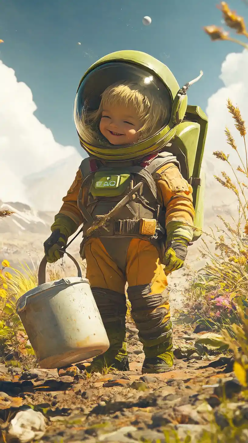 Smiling Young Girl Watching A Martian Water Earth Crops
