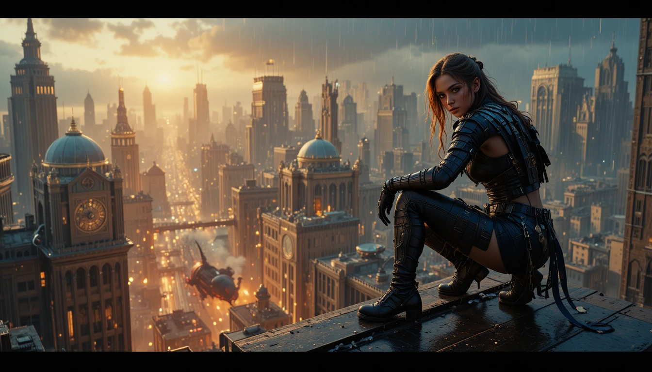 Female warrior on neon rooftop above steampunk city