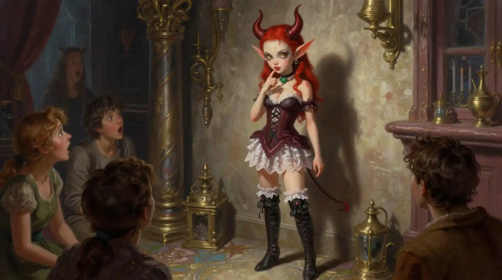 Tiny devilish woman in lace and boots in a room corner