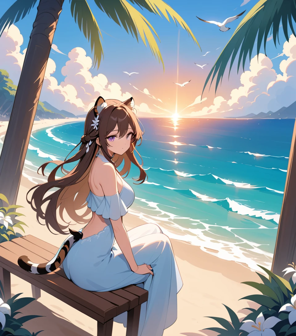 Mystical woman with tiger features resting by the sea