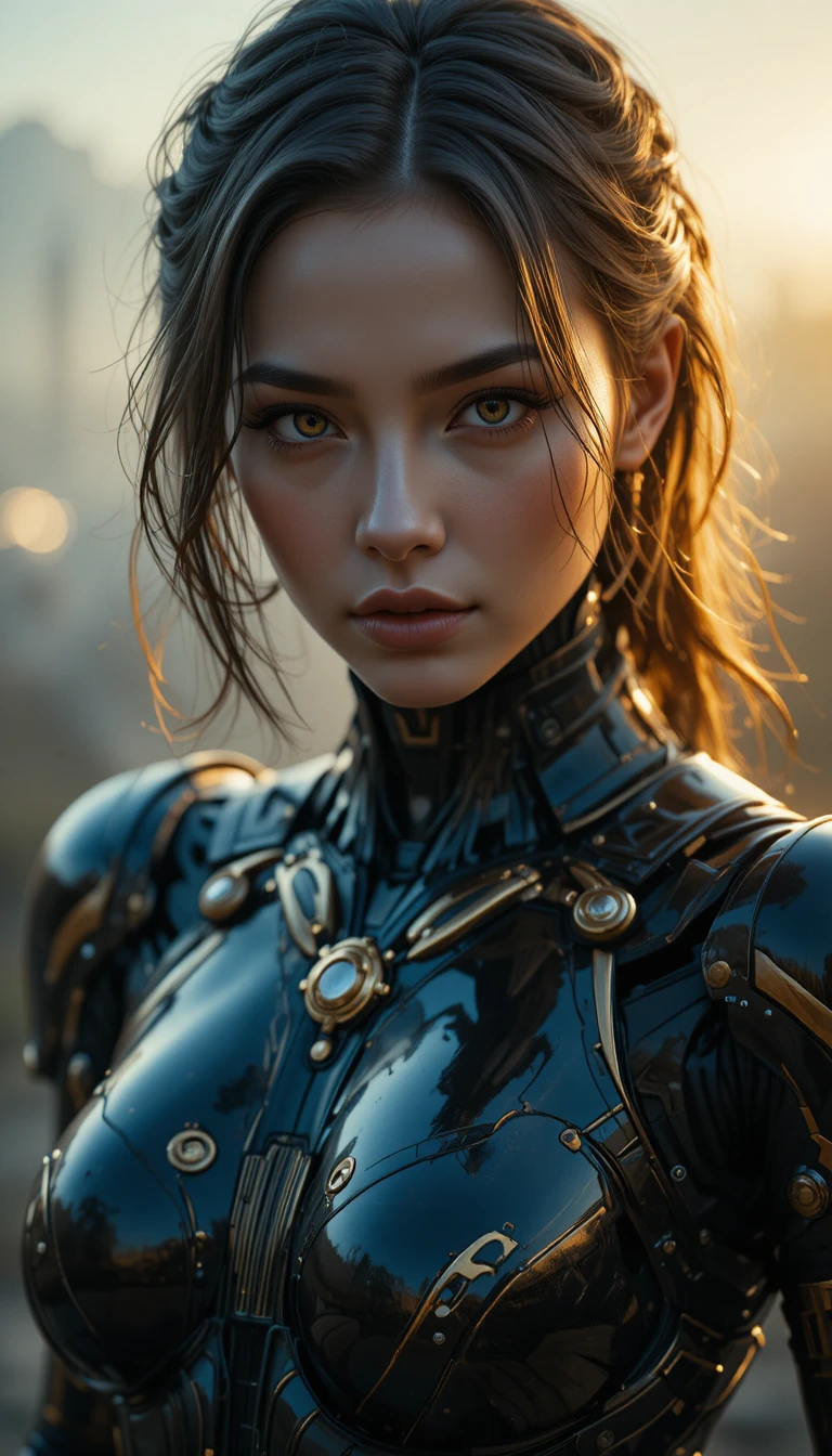 Cinematic portrait of a female android in black and gold armor