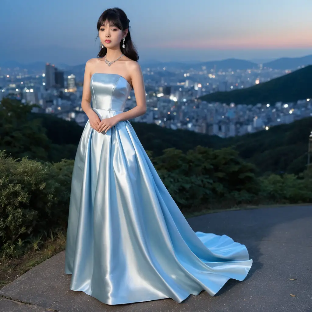 Elegant girl in blue satin gown on a night hillside