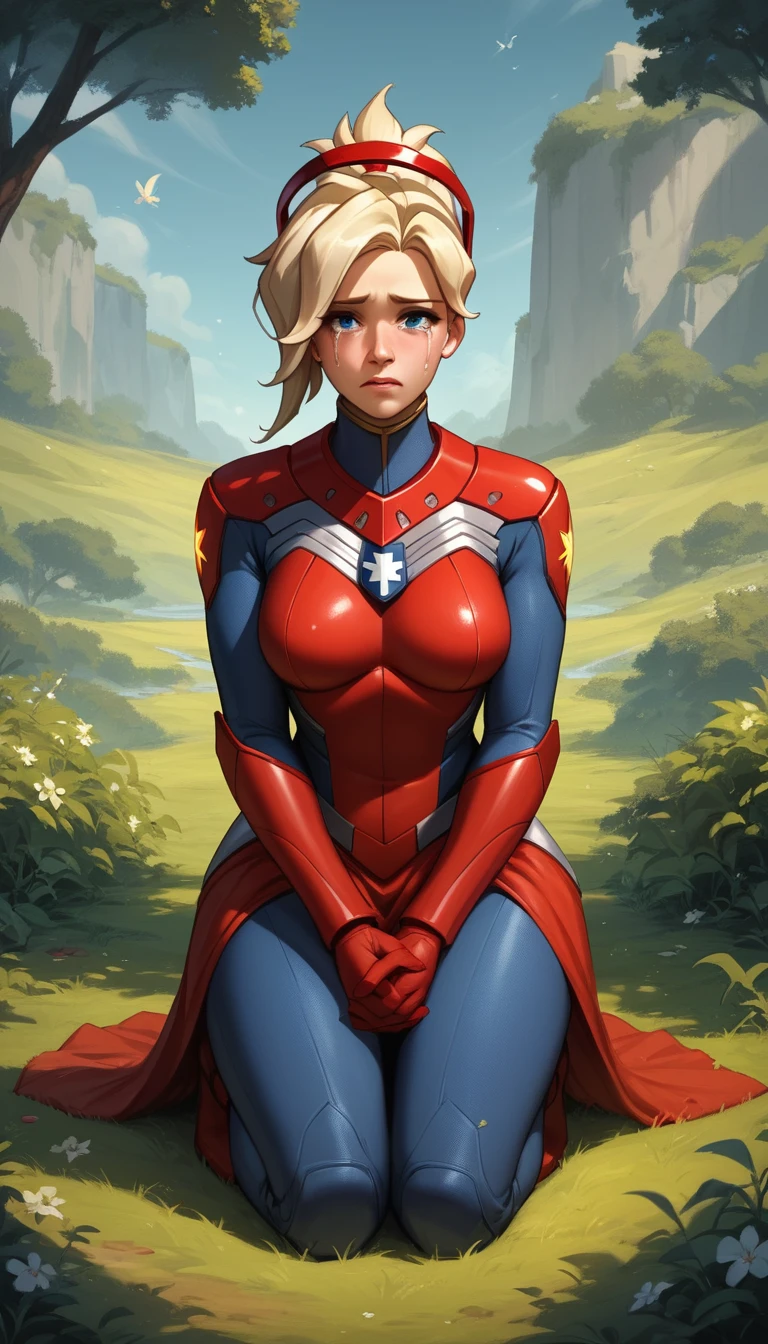 Armored sci fi woman kneeling in a crowded public square