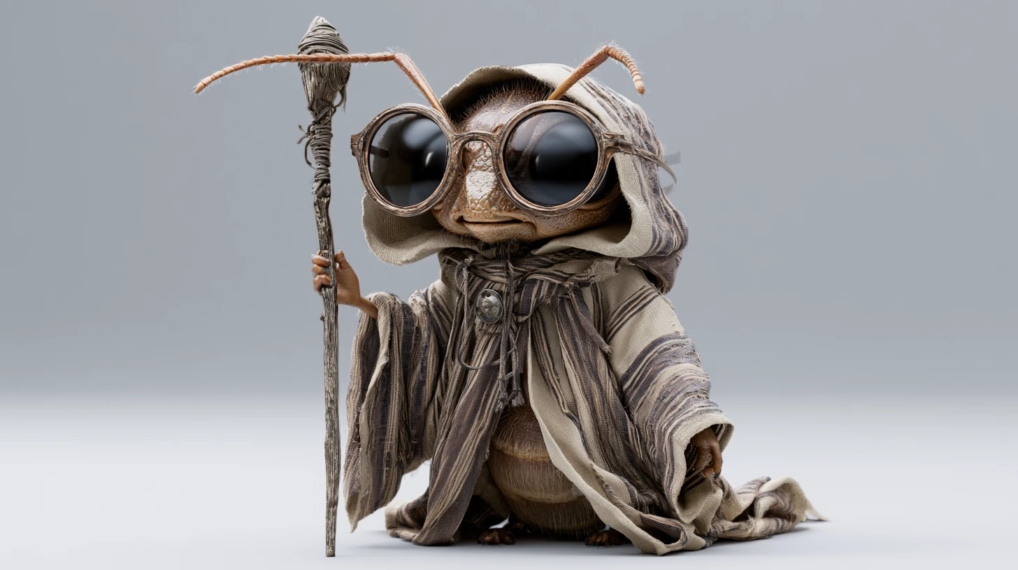 Anthropomorphic ant wizard in cloak with staff and glasses