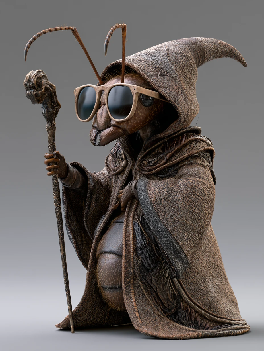 Wise ant humanoid wizard in cloak with staff and glasses