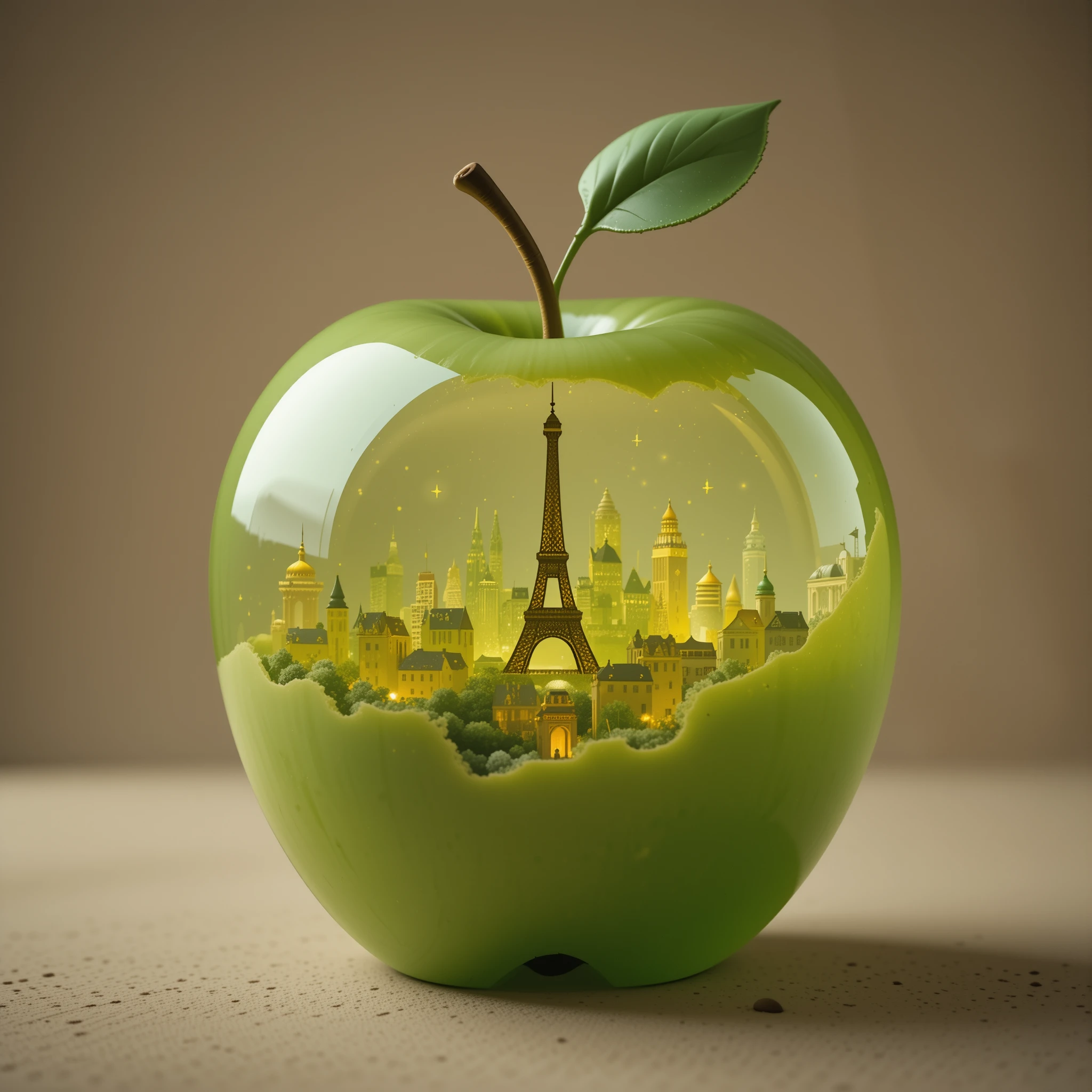 Glowing jelly apple shell with faint Paris night skyline