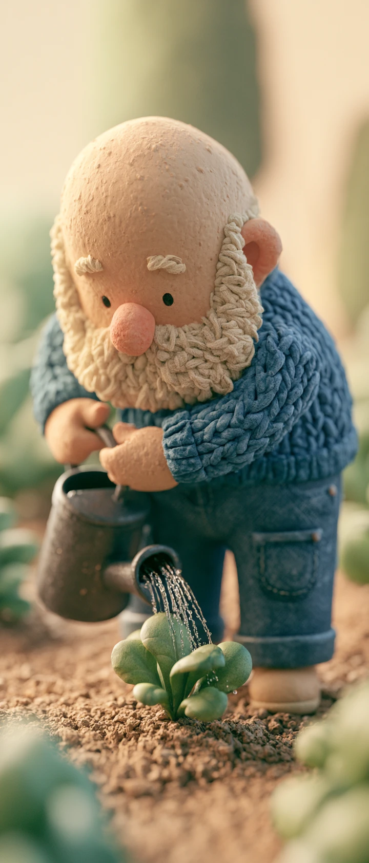 Grandfather watering seedlings in a soft clay garden