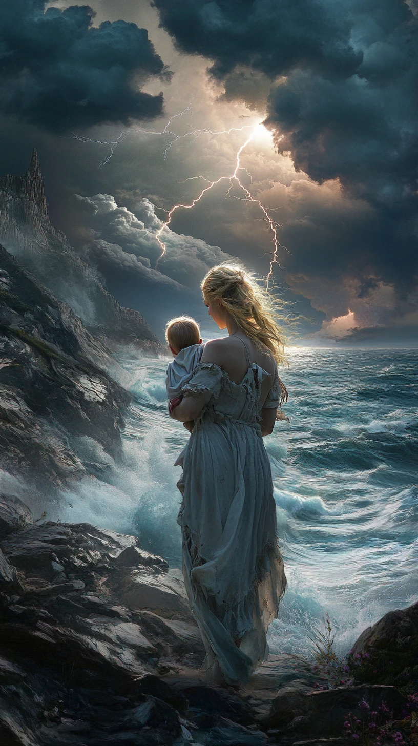 Young woman holding a baby on a stormy rocky coast