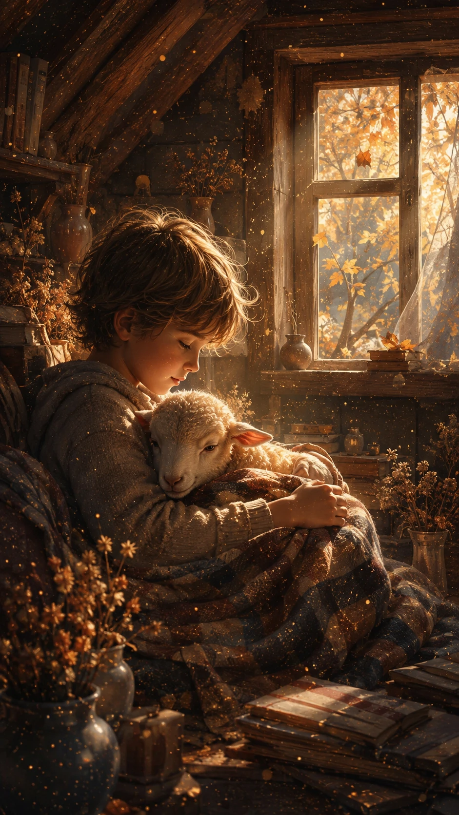 Child holding a lamb in warm autumn attic light