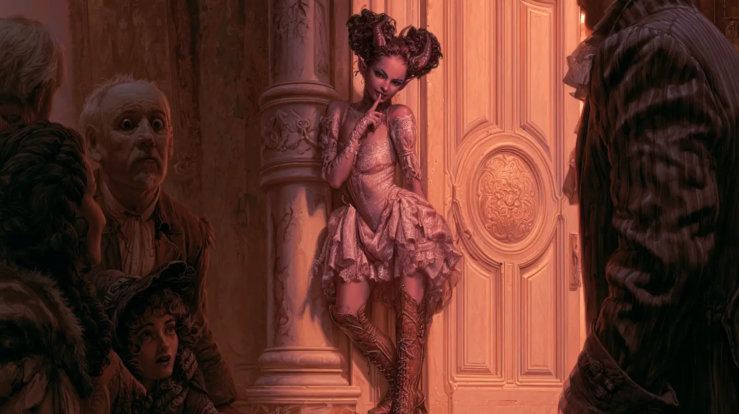 Seduttiva donna demoncello con stivali che posa in un angolo in penombra