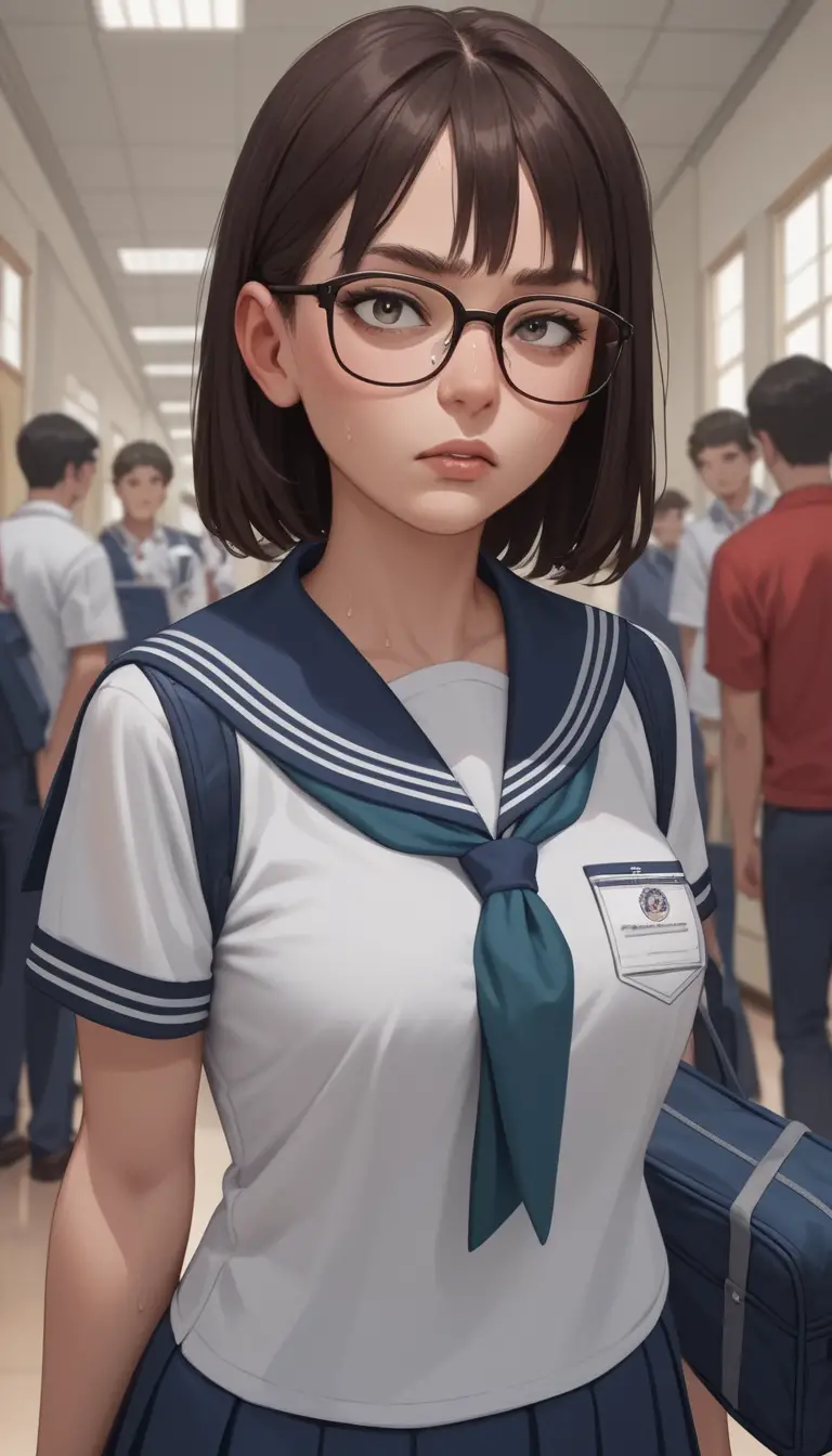 Young female teacher in crowded school hallway