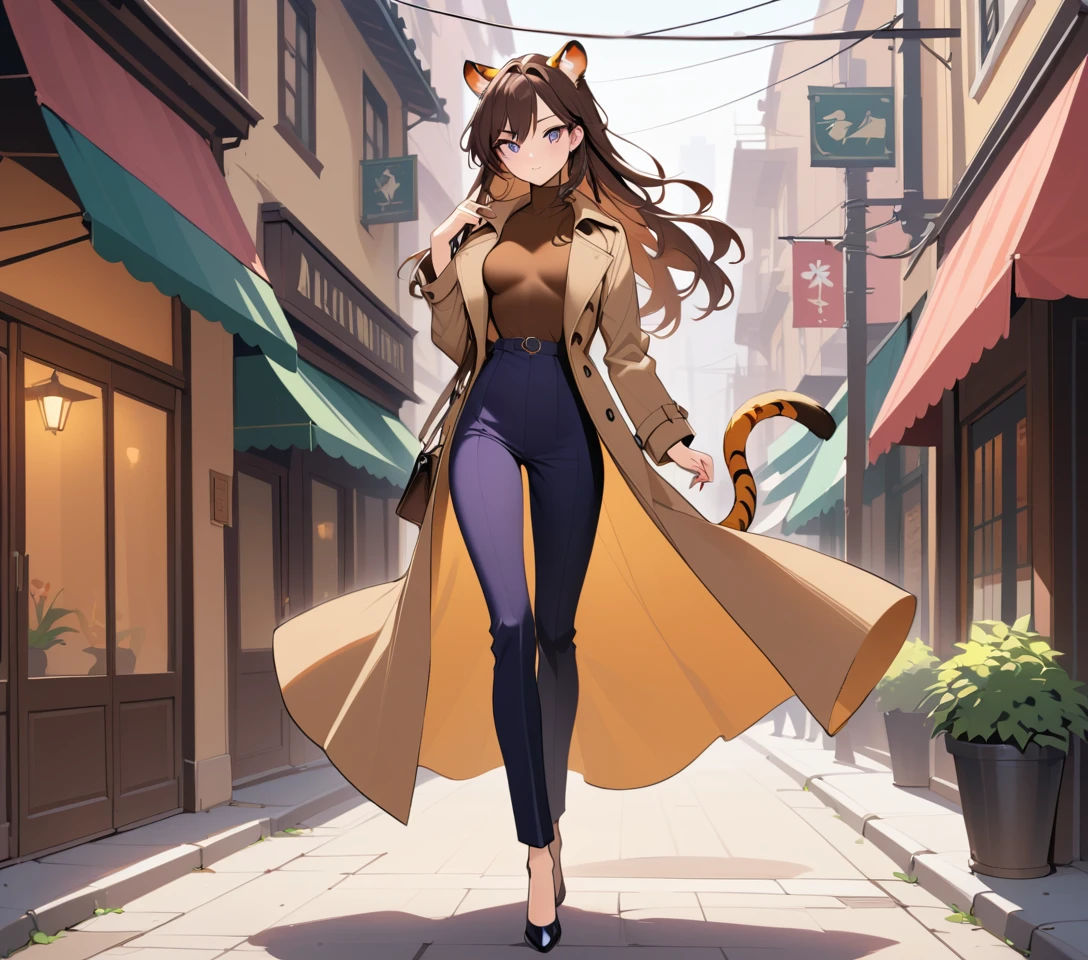 Elegant woman with tiger ears on a stylish spring date