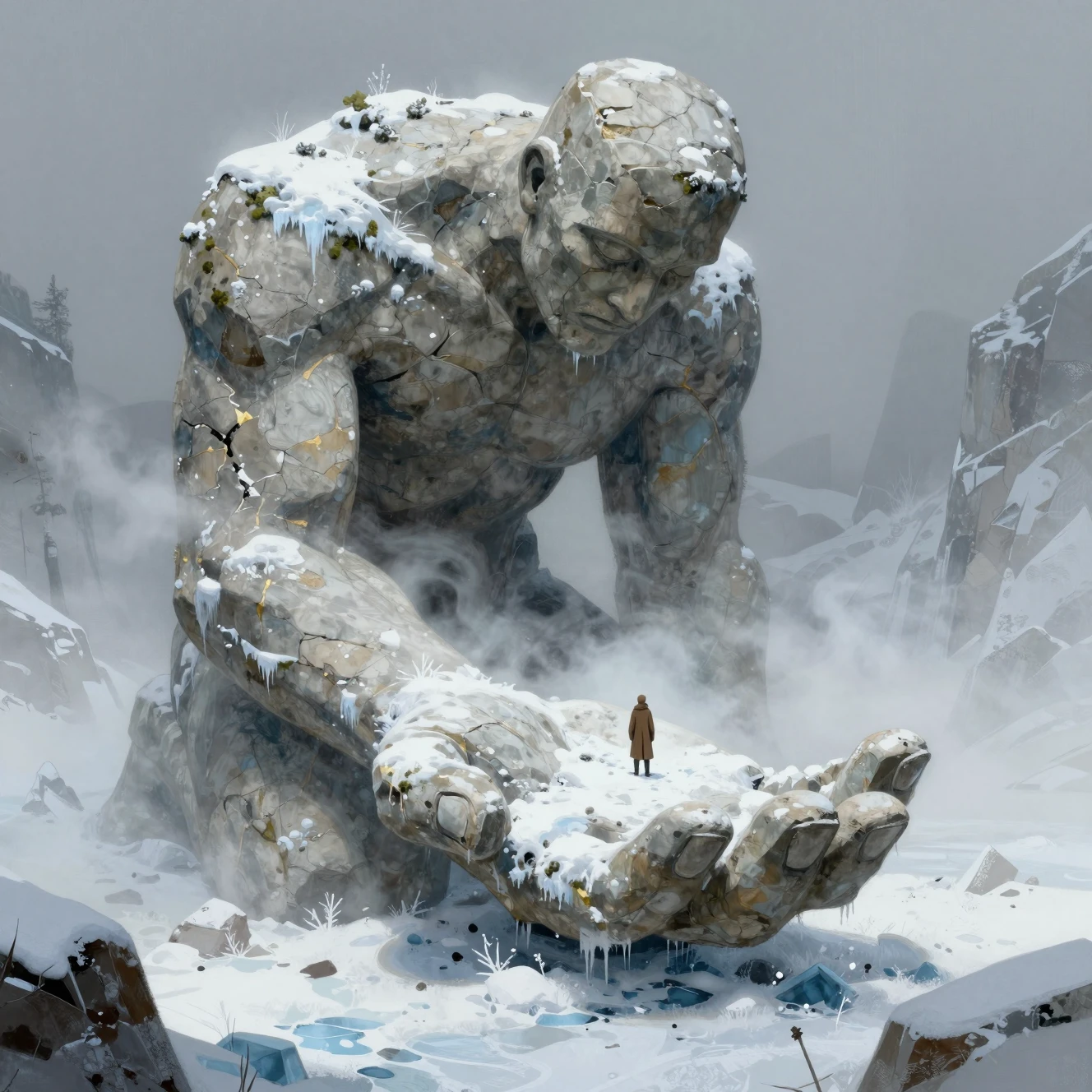 Tiny traveler on the hand of an ancient stone giant