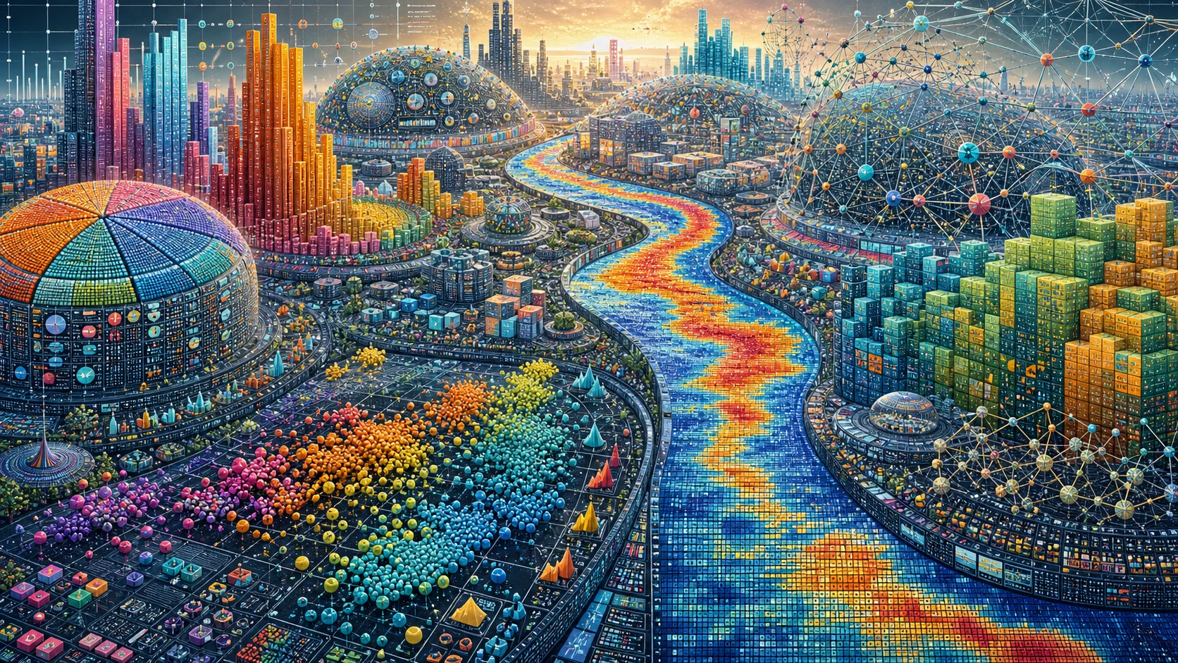 Surreal cityscape built entirely from data visualizations