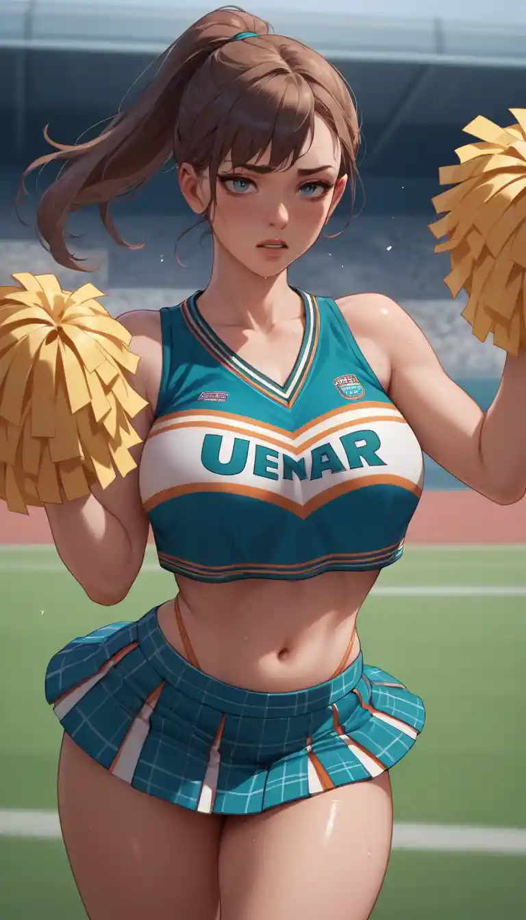Confident cheerleader in a short plaid skirt sweating heavily