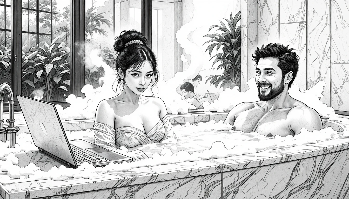 Young woman working on laptop in a foamy spa bathtub