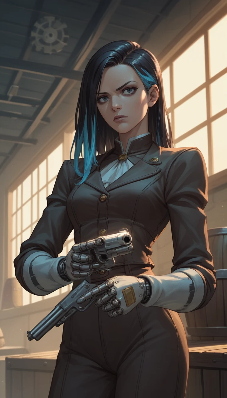 Cyborg cowgirl aiming a futuristic revolver in saloon