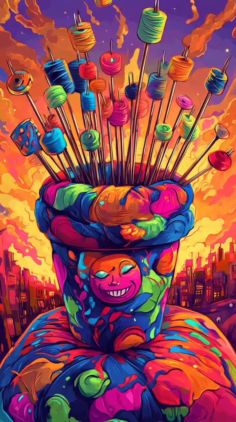 Playful sewing pins on a colorful pillow at sunset