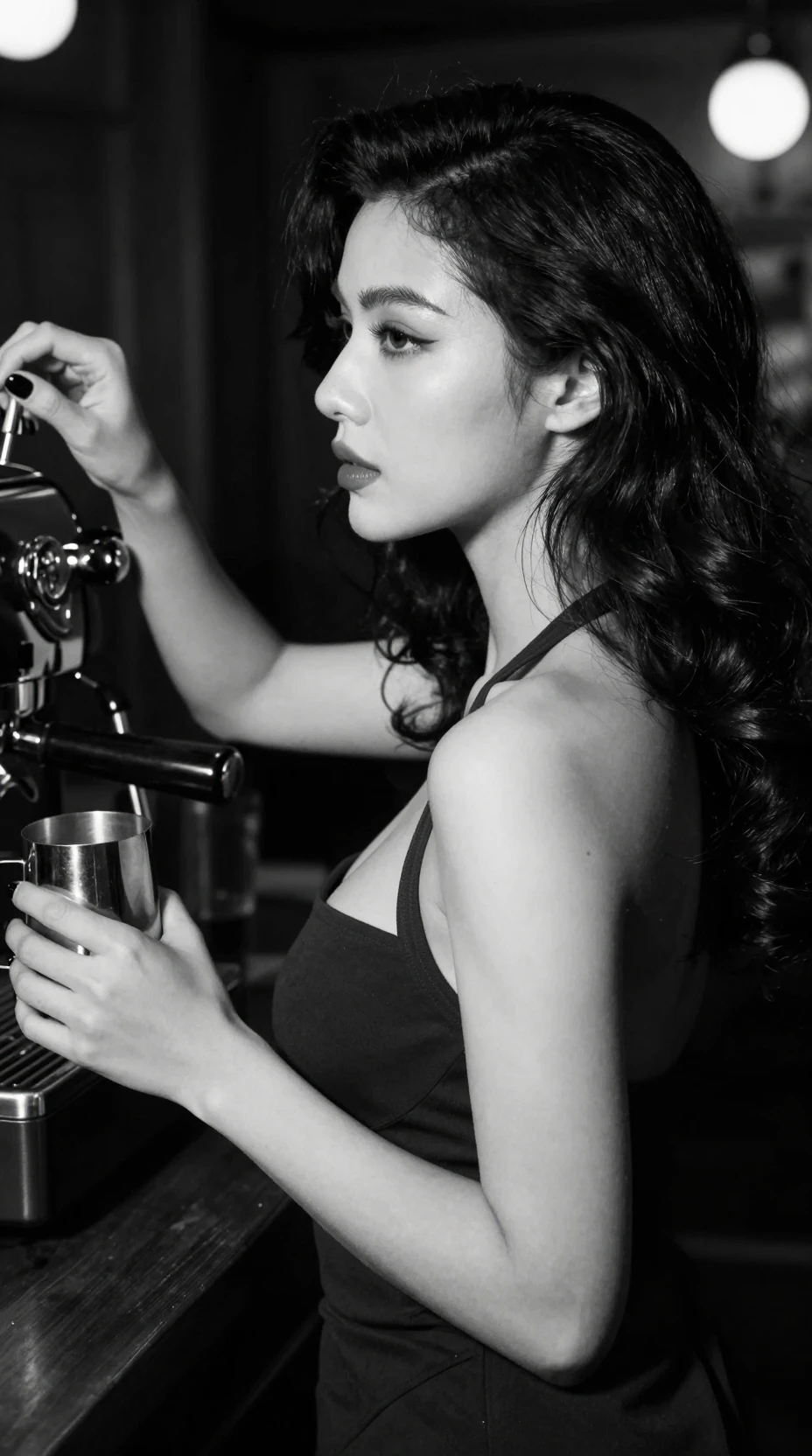 Black and white portrait of a woman at a coffee bar