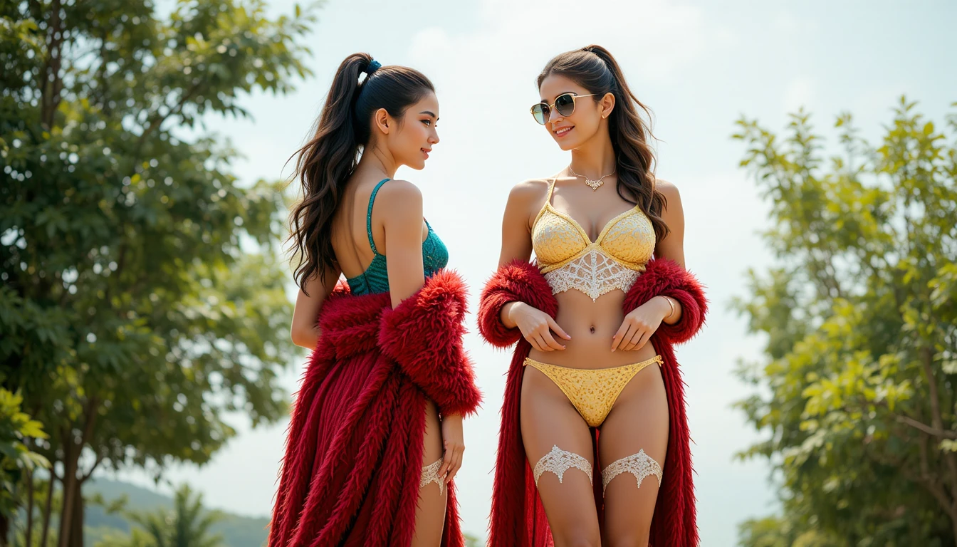 Two young women in swimsuits chatting in a sunny garden