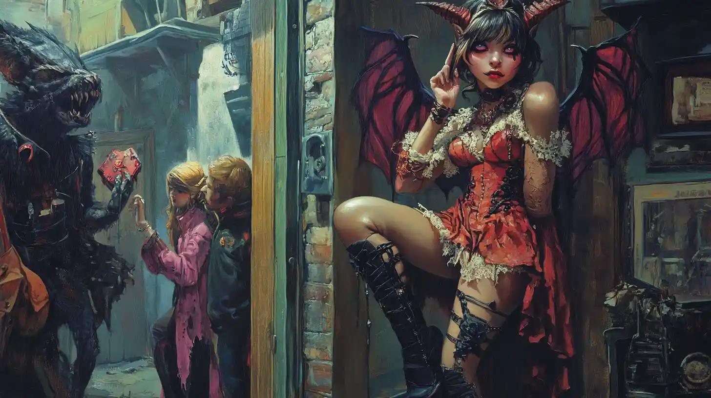 Tiny devil girl in lace and boots in a corner