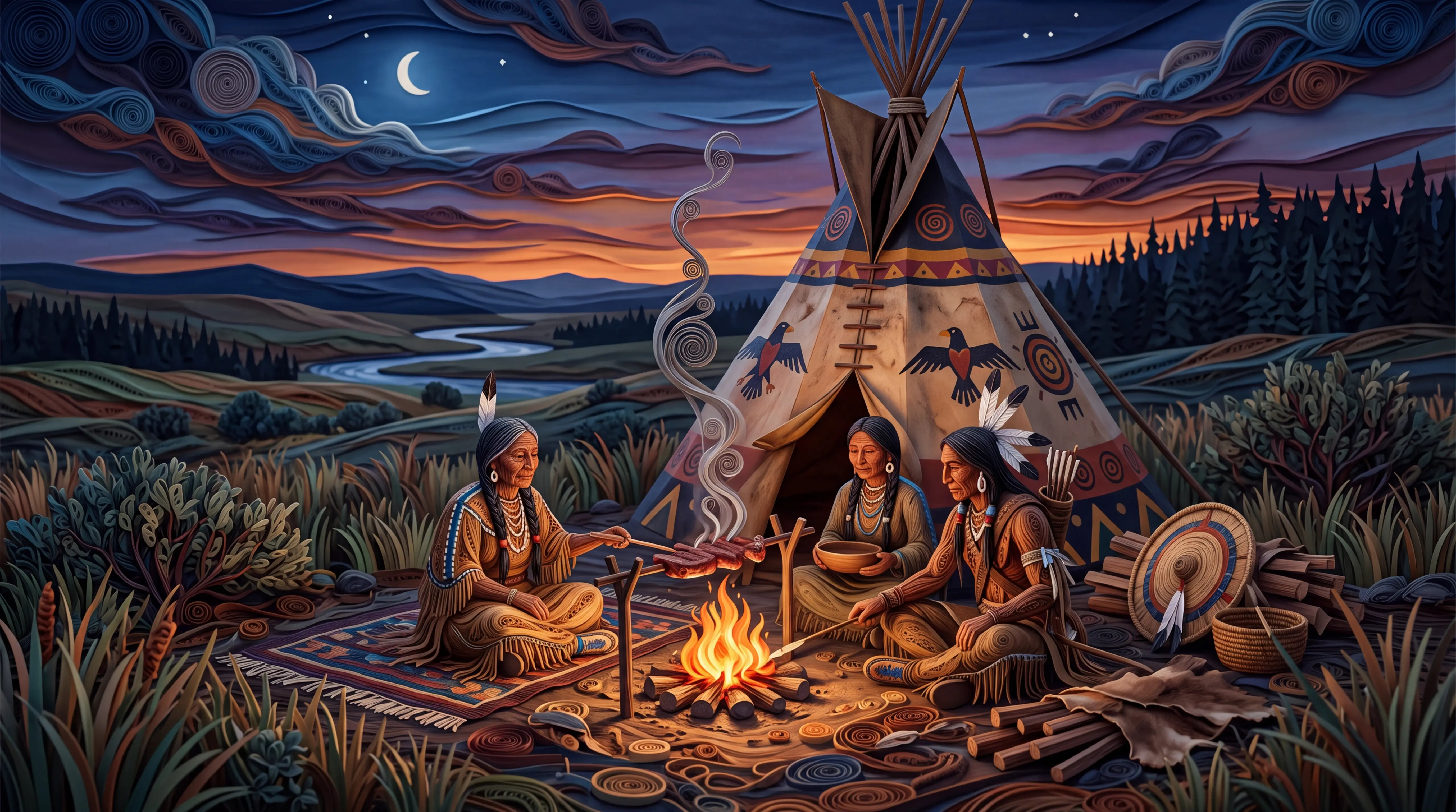 Blackfoot people cooking by a teepee on dusk plains