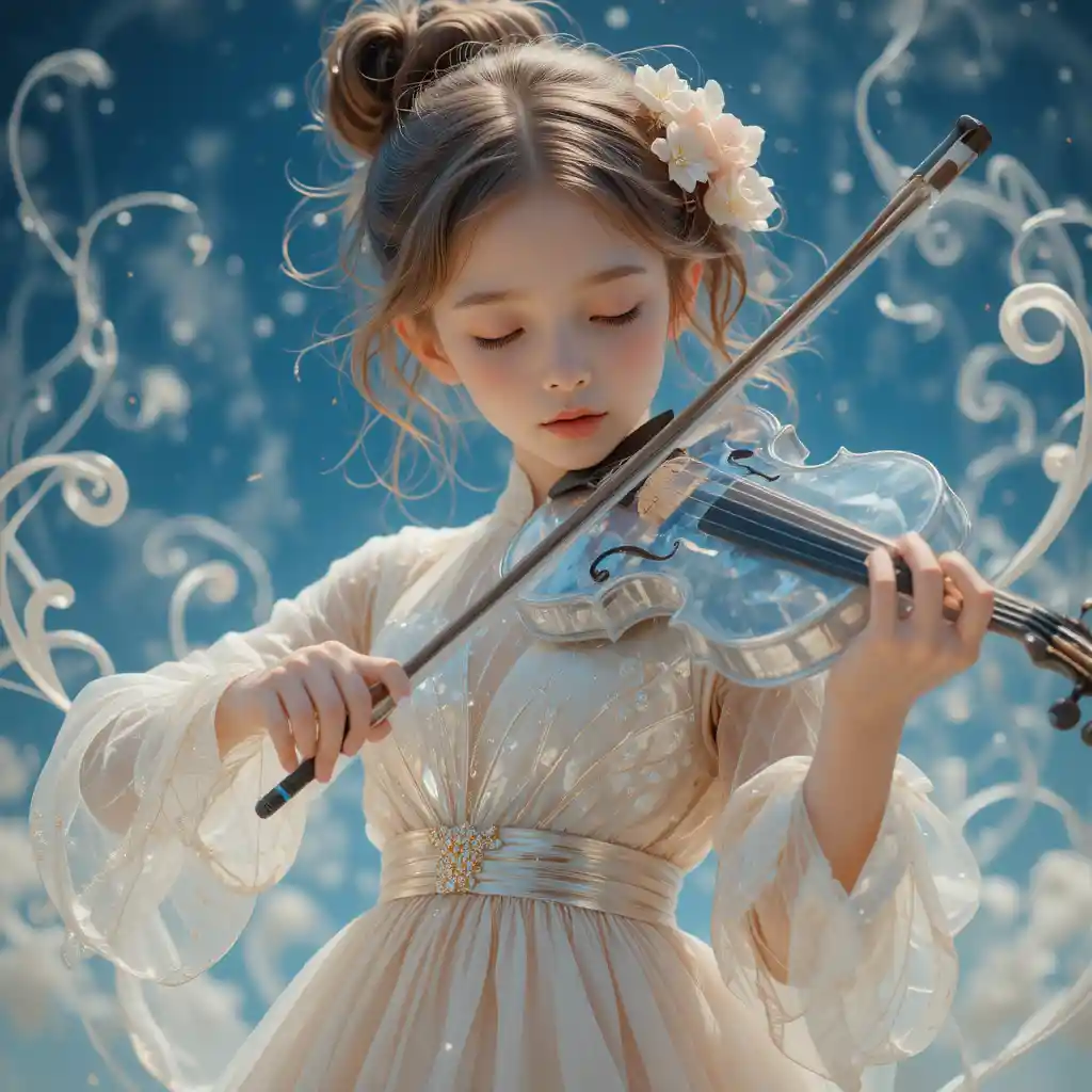 Young girl with glass violin in a starry blue sky