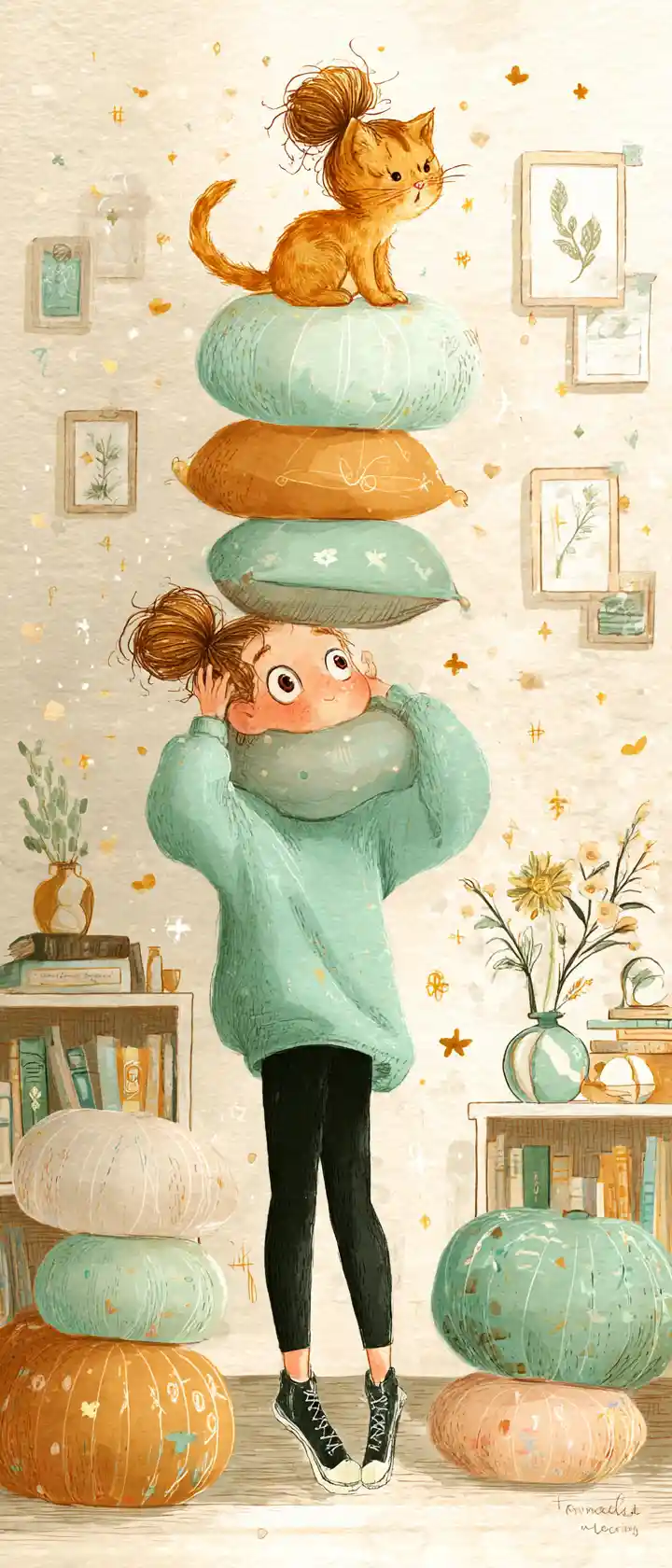 Little girl balancing pastel pillows with curious cat